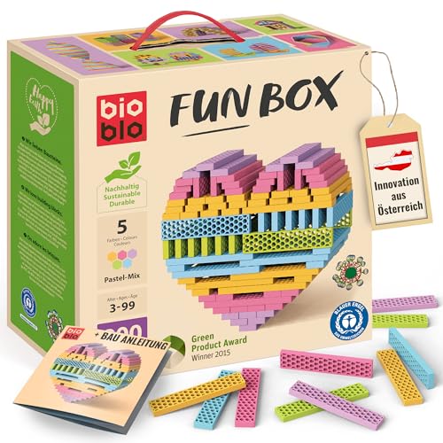 bioblo Funbox Pastel Mix 200 Stück | Nachhaltige Bunte Bauklötze für Kinder ab 3 Jahren | Holzbauklötze Kinderspielzeug | STEM Montessori Spielzeug für Stapel- & Balancierspiele von bioblo