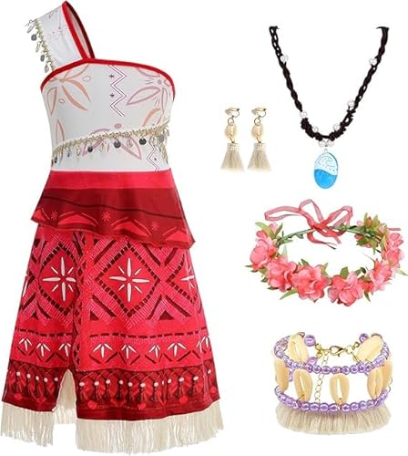 bluaqua Vaiana Kostüm Kinder mit Halskette und einer Blumenkrone und einer Haarspange. Moana-Prinzessin-Kostüm für Mädchen, Vaiana 2 Karneval Hawaiianischer Geburtstag Cosplay (100) von bluaqua
