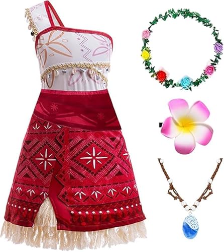bluaqua Vaiana Kostüm Kinder mit Halskette und einer Blumenkrone und einer Haarspange. Moana-Prinzessin-Kostüm für Mädchen, Vaiana 2 Karneval Hawaiianischer Geburtstag Cosplay (120) von bluaqua