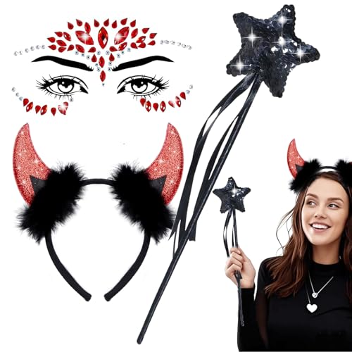 Karneval Kostüm Damen,Teufelshörner Glitzer Tattoo Gesicht Steine,Hörner Haarreif Rot,Schwarz Zauberstab,Hörner Haarreifen Männer Damen,Kopfschmuck Teufel Accessoire Party, (Rotes Teufelshorn) von boluoboluomi