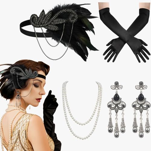 boocooberg 20er Jahre Kostüm Damen,1920er Jahre Accessoires Set,1920er Accessoires Damen,Damen Zubehör für Frauen Kopfbedeckung,Schwarzen Handschuhen,Perlen Halskette,Fransen Accessoires (Style 1) von boocooberg