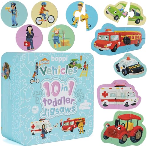 10-in-1-Puzzles für Kleinkinder ab 18 Monaten – Fahrzeugpuzzles für Kleinkinder/Entwicklungsspielzeug für Kinder – Autopuzzles von boppi, hergestellt aus 100% recyceltem Karton von boppi