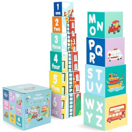 boppi Baby Stapelblöcke Fahrzeug Spielzeug mit Buchstaben und Zahlen, Montessori Würfel für Kleinkinder, Vorschule Lernspielzeug von boppi