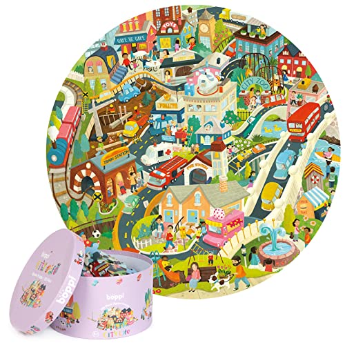 boppi City Life rundes Jigsaw Puzzle aus 100% recyceltem Karton, Tiere, Fahrzeuge, Gebäude und Menschen 150 Teile für Kinder 3 4 5 6 7 8 Jahre, 58cm Durchmesser von boppi