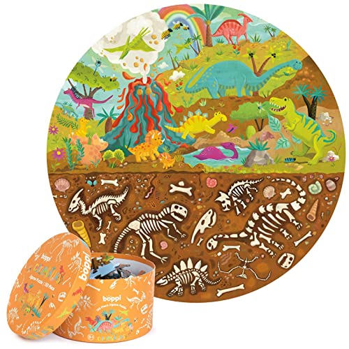 boppi Dinosaurier Rundes Puzzle aus 100% recyceltem Karton, T-rex Stegosaurus und Triceratops Fossilien 150 Teile für Kinder 3 4 5 6 7 8 Jahre, 58cm Durchmesser von boppi