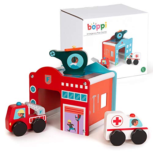 boppi Holzspielzeug Notfall Rettungszentrum Gebäude Spielset mit Krankenwagen Feuerwehrauto und Hubschrauber Spielen Zubehör Fahrzeuge 3 Jahre und aufwärts von boppi