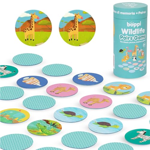 boppi Paar-Memory-Spiel/Matching-Spiel für Kleinkinder – fesselndes pädagogisches Montessori-Memory-Spiel für Kinder ab 3 Jahren – Wildtiere von boppi