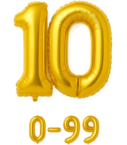Folienballon Zahlen Nummern in gold, 80 cm großer Ballon mit Luftröhrchen, Perfekt für Geburtstag, Jubiläum, Party & Events, auch mit Helium nutzbar, Zahlenballons Deko (10) von brand promotion