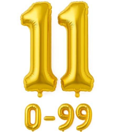 Folienballon Zahlen Nummern in gold, 80 cm großer Ballon mit Luftröhrchen, Perfekt für Geburtstag, Jubiläum, Party & Events, auch mit Helium nutzbar, Zahlenballons Deko (11) von brand promotion