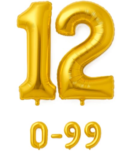 Folienballon Zahlen Nummern in gold, 80 cm großer Ballon mit Luftröhrchen, Perfekt für Geburtstag, Jubiläum, Party & Events, auch mit Helium nutzbar, Zahlenballons Deko (12) von brand promotion