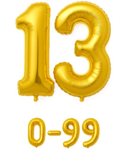 Folienballon Zahlen Nummern in gold, 80 cm großer Ballon mit Luftröhrchen, Perfekt für Geburtstag, Jubiläum, Party & Events, auch mit Helium nutzbar, Zahlenballons Deko (13) von brand promotion