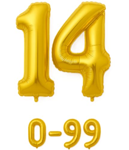 Folienballon Zahlen Nummern in gold, 80 cm großer Ballon mit Luftröhrchen, Perfekt für Geburtstag, Jubiläum, Party & Events, auch mit Helium nutzbar, Zahlenballons Deko (14) von brand promotion