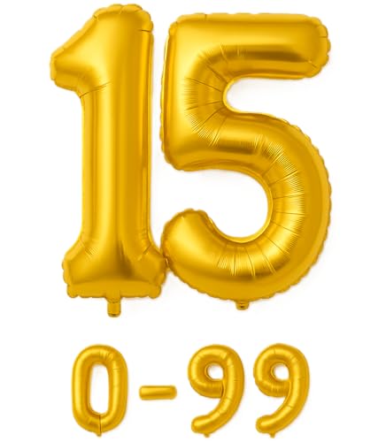 Folienballon Zahlen Nummern in gold, 80 cm großer Ballon mit Luftröhrchen, Perfekt für Geburtstag, Jubiläum, Party & Events, auch mit Helium nutzbar, Zahlenballons Deko (15) von brand promotion