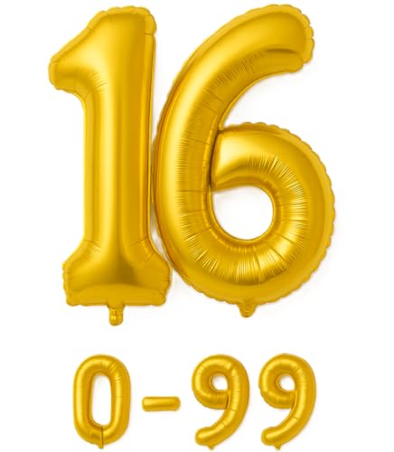 Folienballon Zahlen Nummern in gold, 80 cm großer Ballon mit Luftröhrchen, Perfekt für Geburtstag, Jubiläum, Party & Events, auch mit Helium nutzbar, Zahlenballons Deko (16) von brand promotion