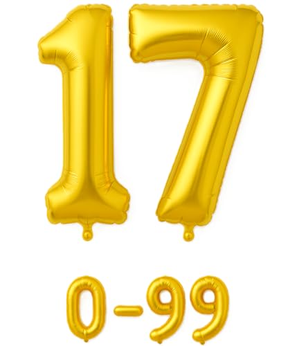 Folienballon Zahlen Nummern in gold, 80 cm großer Ballon mit Luftröhrchen, Perfekt für Geburtstag, Jubiläum, Party & Events, auch mit Helium nutzbar, Zahlenballons Deko (17) von brand promotion