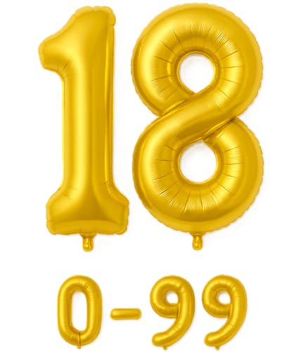 Folienballon Zahlen Nummern in gold, 80 cm großer Ballon mit Luftröhrchen, Perfekt für Geburtstag, Jubiläum, Party & Events, auch mit Helium nutzbar, Zahlenballons Deko (18) von brand promotion
