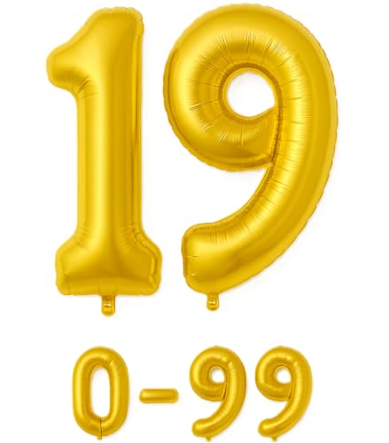 Folienballon Zahlen Nummern in gold, 80 cm großer Ballon mit Luftröhrchen, Perfekt für Geburtstag, Jubiläum, Party & Events, auch mit Helium nutzbar, Zahlenballons Deko (19) von brand promotion