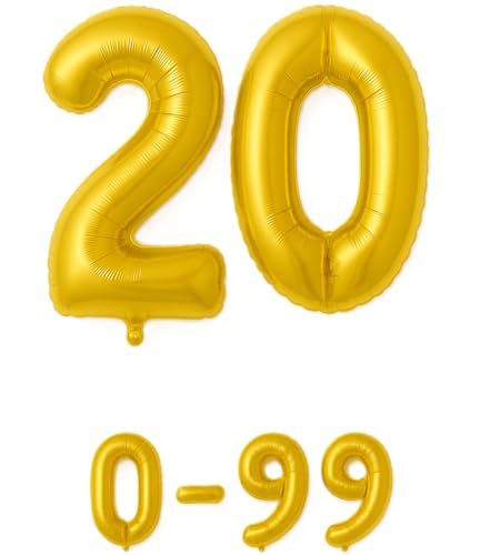 Folienballon Zahlen Nummern in gold, 80 cm großer Ballon mit Luftröhrchen, Perfekt für Geburtstag, Jubiläum, Party & Events, auch mit Helium nutzbar, Zahlenballons Deko (20) von brand promotion