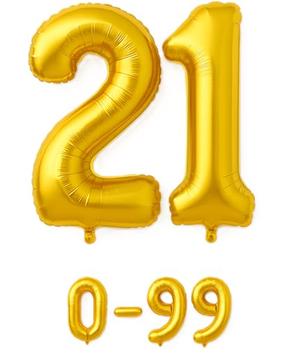 Folienballon Zahlen Nummern in gold, 80 cm großer Ballon mit Luftröhrchen, Perfekt für Geburtstag, Jubiläum, Party & Events, auch mit Helium nutzbar, Zahlenballons Deko (21) von brand promotion