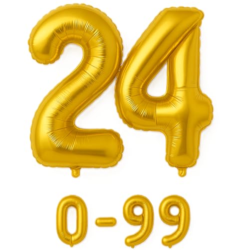Folienballon Zahlen Nummern in gold, 80 cm großer Ballon mit Luftröhrchen, Perfekt für Geburtstag, Jubiläum, Party & Events, auch mit Helium nutzbar, Zahlenballons Deko (24) von brand promotion