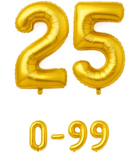 Folienballon Zahlen Nummern in gold, 80 cm großer Ballon mit Luftröhrchen, Perfekt für Geburtstag, Jubiläum, Party & Events, auch mit Helium nutzbar, Zahlenballons Deko (25) von brand promotion