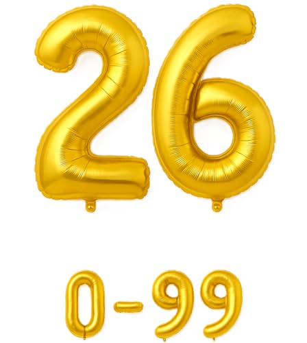 Folienballon Zahlen Nummern in gold, 80 cm großer Ballon mit Luftröhrchen, Perfekt für Geburtstag, Jubiläum, Party & Events, auch mit Helium nutzbar, Zahlenballons Deko (26) von brand promotion