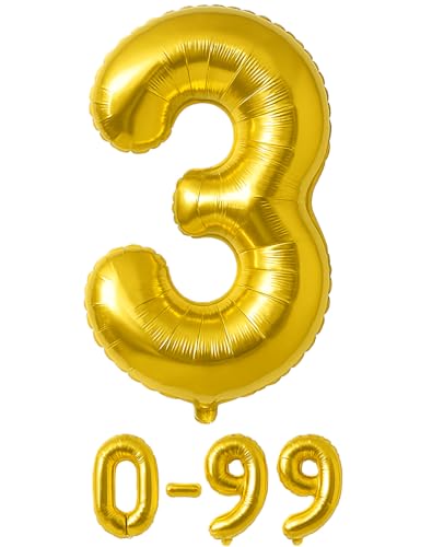 Folienballon Zahlen Nummern in gold, 80 cm großer Ballon mit Luftröhrchen, Perfekt für Geburtstag, Jubiläum, Party & Events, auch mit Helium nutzbar, Zahlenballons Deko (3) von brand promotion