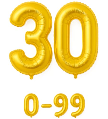 Folienballon Zahlen Nummern in gold, 80 cm großer Ballon mit Luftröhrchen, Perfekt für Geburtstag, Jubiläum, Party & Events, auch mit Helium nutzbar, Zahlenballons Deko (30) von brand promotion