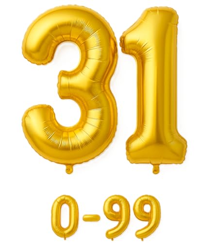 Folienballon Zahlen Nummern in gold, 80 cm großer Ballon mit Luftröhrchen, Perfekt für Geburtstag, Jubiläum, Party & Events, auch mit Helium nutzbar, Zahlenballons Deko (31) von brand promotion