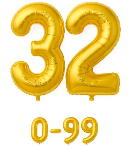 Folienballon Zahlen Nummern in gold, 80 cm großer Ballon mit Luftröhrchen, Perfekt für Geburtstag, Jubiläum, Party & Events, auch mit Helium nutzbar, Zahlenballons Deko (32) von brand promotion
