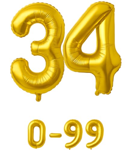 Folienballon Zahlen Nummern in gold, 80 cm großer Ballon mit Luftröhrchen, Perfekt für Geburtstag, Jubiläum, Party & Events, auch mit Helium nutzbar, Zahlenballons Deko (34) von brand promotion