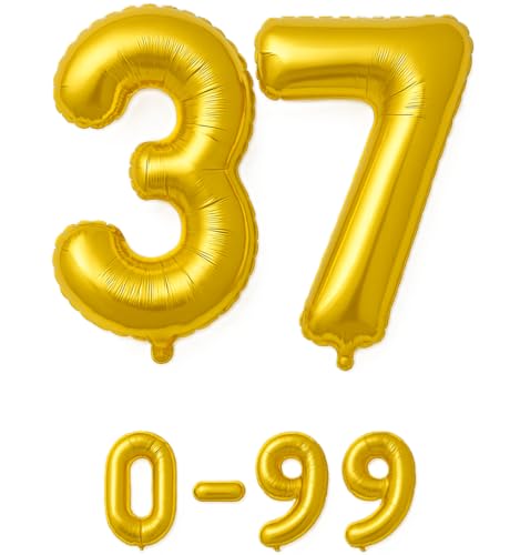 Folienballon Zahlen Nummern in gold, 80 cm großer Ballon mit Luftröhrchen, Perfekt für Geburtstag, Jubiläum, Party & Events, auch mit Helium nutzbar, Zahlenballons Deko (37) von brand promotion