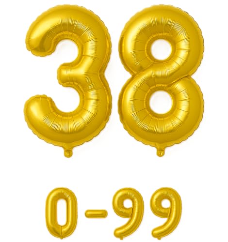 Folienballon Zahlen Nummern in gold, 80 cm großer Ballon mit Luftröhrchen, Perfekt für Geburtstag, Jubiläum, Party & Events, auch mit Helium nutzbar, Zahlenballons Deko (38) von brand promotion