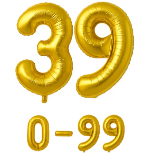 Luftballon 39 Gold | 80 cm Zahlenballon | Folienballon mit Luftröhrchen | Zahlenluftballon für Geburtstag, Jubiläum, Hochzeit, Party & Events | Helium oder Luft | Ballon Zahl | Geburtstagsdeko von brand promotion