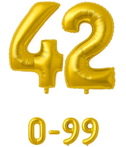 Folienballon Zahlen Nummern in gold, 80 cm großer Ballon mit Luftröhrchen, Perfekt für Geburtstag, Jubiläum, Party & Events, auch mit Helium nutzbar, Zahlenballons Deko (42) von brand promotion