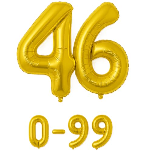 Folienballon Zahlen Nummern in gold, 80 cm großer Ballon mit Luftröhrchen, Perfekt für Geburtstag, Jubiläum, Party & Events, auch mit Helium nutzbar, Zahlenballons Deko (46) von brand promotion