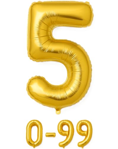 Folienballon Zahlen Nummern in gold, 80 cm großer Ballon mit Luftröhrchen, Perfekt für Geburtstag, Jubiläum, Party & Events, auch mit Helium nutzbar, Zahlenballons Deko (5) von brand promotion