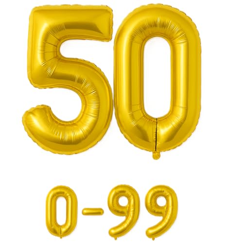 Folienballon Zahlen Nummern in gold, 80 cm großer Ballon mit Luftröhrchen, Perfekt für Geburtstag, Jubiläum, Party & Events, auch mit Helium nutzbar, Zahlenballons Deko (50) von brand promotion
