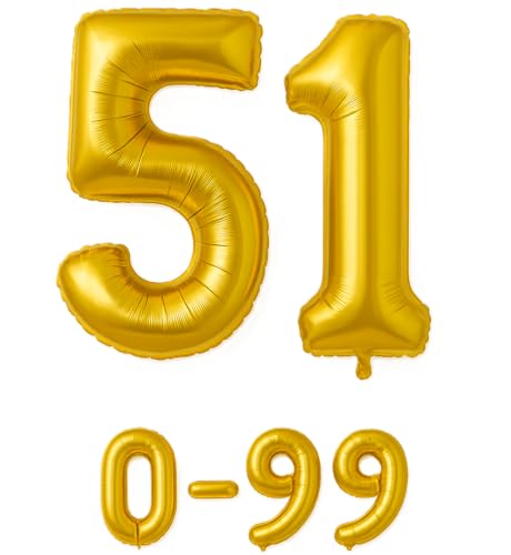 Folienballon Zahlen Nummern in gold, 80 cm großer Ballon mit Luftröhrchen, Perfekt für Geburtstag, Jubiläum, Party & Events, auch mit Helium nutzbar, Zahlenballons Deko (51) von brand promotion