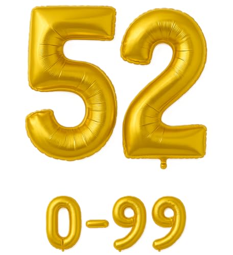 Folienballon Zahlen Nummern in gold, 80 cm großer Ballon mit Luftröhrchen, Perfekt für Geburtstag, Jubiläum, Party & Events, auch mit Helium nutzbar, Zahlenballons Deko (52) von brand promotion