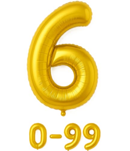 Folienballon Zahlen Nummern in gold, 80 cm großer Ballon mit Luftröhrchen, Perfekt für Geburtstag, Jubiläum, Party & Events, auch mit Helium nutzbar, Zahlenballons Deko (6) von brand promotion