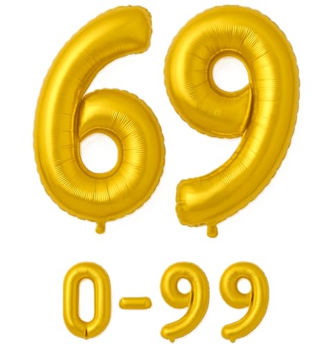Folienballon Zahlen Nummern in gold, 80 cm großer Ballon mit Luftröhrchen, Perfekt für Geburtstag, Jubiläum, Party & Events, auch mit Helium nutzbar, Zahlenballons Deko (69) von brand promotion
