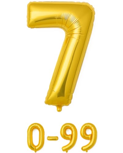 Folienballon Zahlen Nummern in gold, 80 cm großer Ballon mit Luftröhrchen, Perfekt für Geburtstag, Jubiläum, Party & Events, auch mit Helium nutzbar, Zahlenballons Deko (7) von brand promotion
