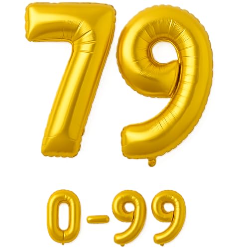 Folienballon Zahlen Nummern in gold, 80 cm großer Ballon mit Luftröhrchen, Perfekt für Geburtstag, Jubiläum, Party & Events, auch mit Helium nutzbar, Zahlenballons Deko (79) von brand promotion