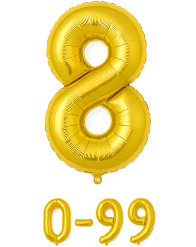 Folienballon Zahlen Nummern in gold, 80 cm großer Ballon mit Luftröhrchen, Perfekt für Geburtstag, Jubiläum, Party & Events, auch mit Helium nutzbar, Zahlenballons Deko (8) von brand promotion