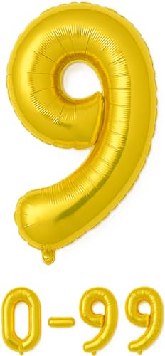 Folienballon Zahlen Nummern in gold, 80 cm großer Ballon mit Luftröhrchen, Perfekt für Geburtstag, Jubiläum, Party & Events, auch mit Helium nutzbar, Zahlenballons Deko (9) von brand promotion