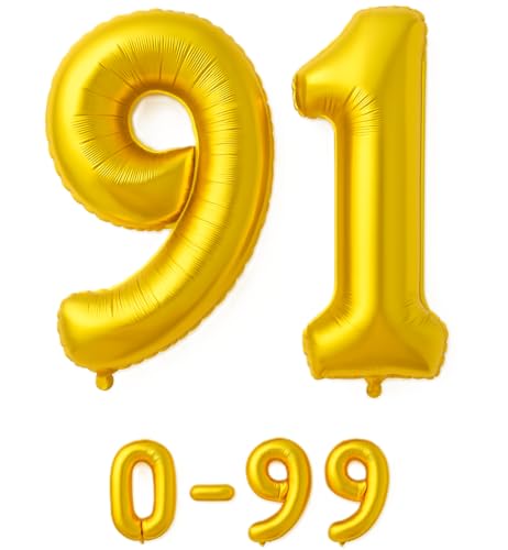 Folienballon Zahlen Nummern in gold, 80 cm großer Ballon mit Luftröhrchen, Perfekt für Geburtstag, Jubiläum, Party & Events, auch mit Helium nutzbar, Zahlenballons Deko (91) von brand promotion