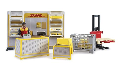 bruder 62251 - Bworld DHL Paketshop inklusive DHL-Mitarbeiter Zubehör Post-Filiale Postbote Paketdienst Logistik Versand Spiel-Set 1:16 von bruder