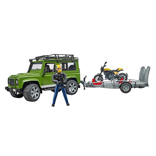 bruder 02589 - Land Rover Defender mit Anhänger, Scrambler Ducati Full Throttle, Fahrer - 1:16 Pick-up Geländewagen Jeep Fahrzeug Motorrad bworld Spielzeug-Figur von bruder