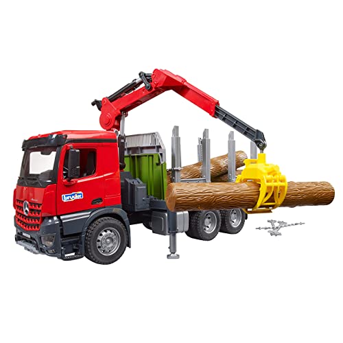 bruder 03669 - MB Arocs Holztransport LKW mit Ladekran, Greifer & 3 Baumstämmen - 1:16 Fahrzeuge, Holztransporter, Rückezug, Spielzeug ab 4 Jahre von bruder